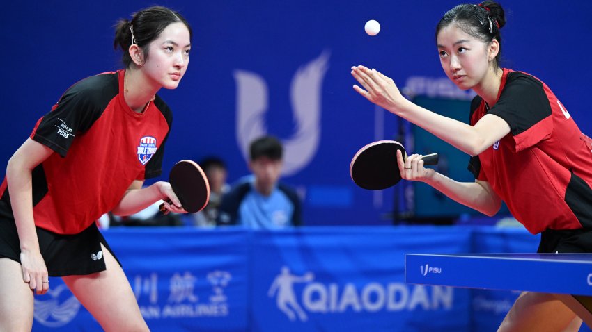 Sung Rachel Jia-Yu L/Wang Amy Wu of the United States compete during the Table Tennis Women’s Doubles Semifinal match against Qian Tianyi/Zhao Shang of China at the 31st FISU Summer World University Games in Chengdu, southwest China’s Sichuan Province, Aug. 4, 2023. (Photo by Zhao Zishuo/Xinhua via Getty Images)