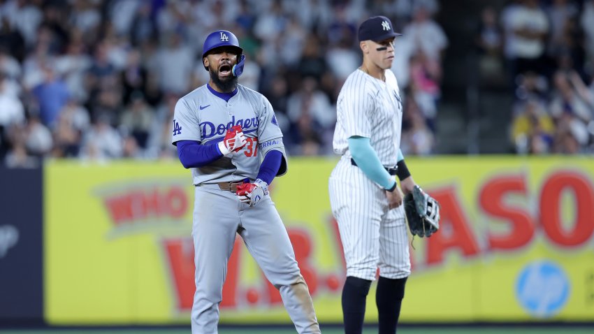 Jun 7, 2024; Bronx, New York, USA; Los Angeles Dodgers left fielder Teoscar Hernandez (37) reacts after his two run double against the New York Yankees during the eleventh inning at Yankee Stadium. Mandatory Credit: Brad Penner-USA TODAY Sports
