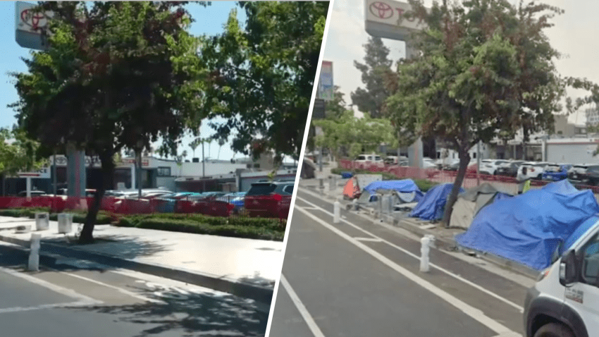 These images show a street of sidewalk in Hollywood after (left) and before a homeless encampment tent cleanup.